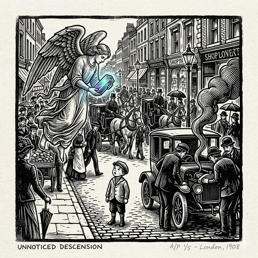 A black-and-white linocut print of a 1900s London street. An angel descends over the sidewalk holding a prismatic futuristic battery that glows with the only colour in the image, while a crowd of men in top hats huddles around a smoking early gasoline car with their backs turned. A small child in a newsboy cap looks up at the angel.