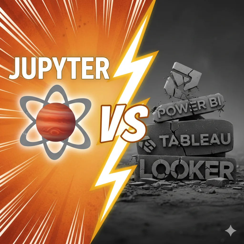 A versus graphic: the Jupyter logo on a bright orange burst, split by a lightning bolt from the crumbling grey logos of Power BI, Tableau and Looker.