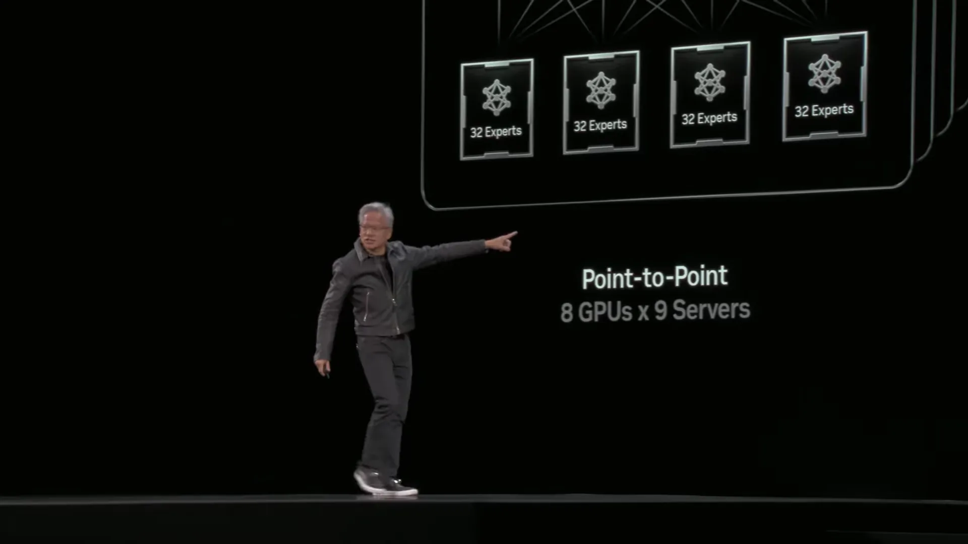Jensen Huang on a dark stage, pointing at a slide that reads Point-to-Point, 8 GPUs x 9 Servers, with four chip panels above it each labelled 32 Experts.