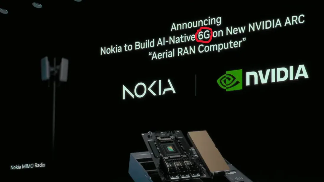 Keynote slide reading "Announcing Nokia to Build AI-Native 6G on New NVIDIA ARC — Aerial RAN Computer", with the Nokia and NVIDIA logos side by side and a Nokia MIMO radio board below.