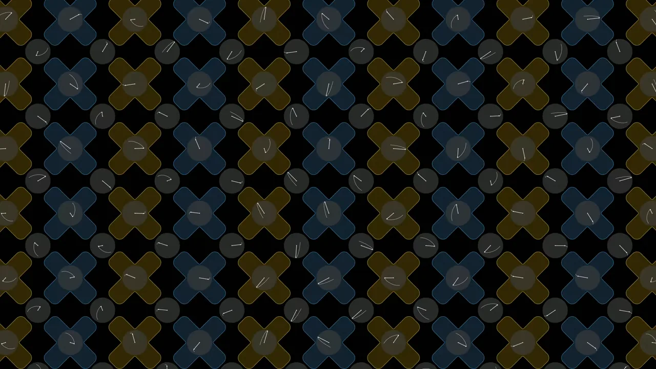 A dense lattice of qubits on black, drawn as blue and gold cross shapes on a repeating grid, each carrying a small state marker.
